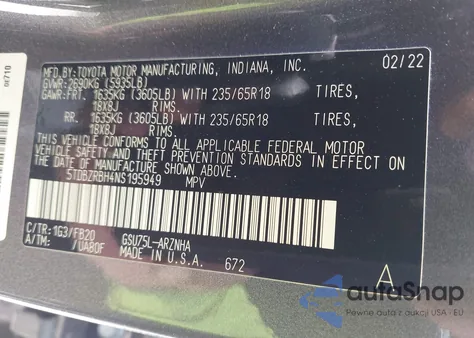 2022 Toyota Highlander Le z USA, uszkodzony, nr VIN 5TDBZRBH4NS195949